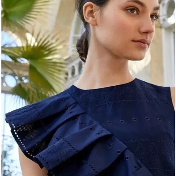 Ted Baker Mahlene Eyelet Embroidered Ruffle Cotton Shift Dress in Navy - Picture 3 of 10